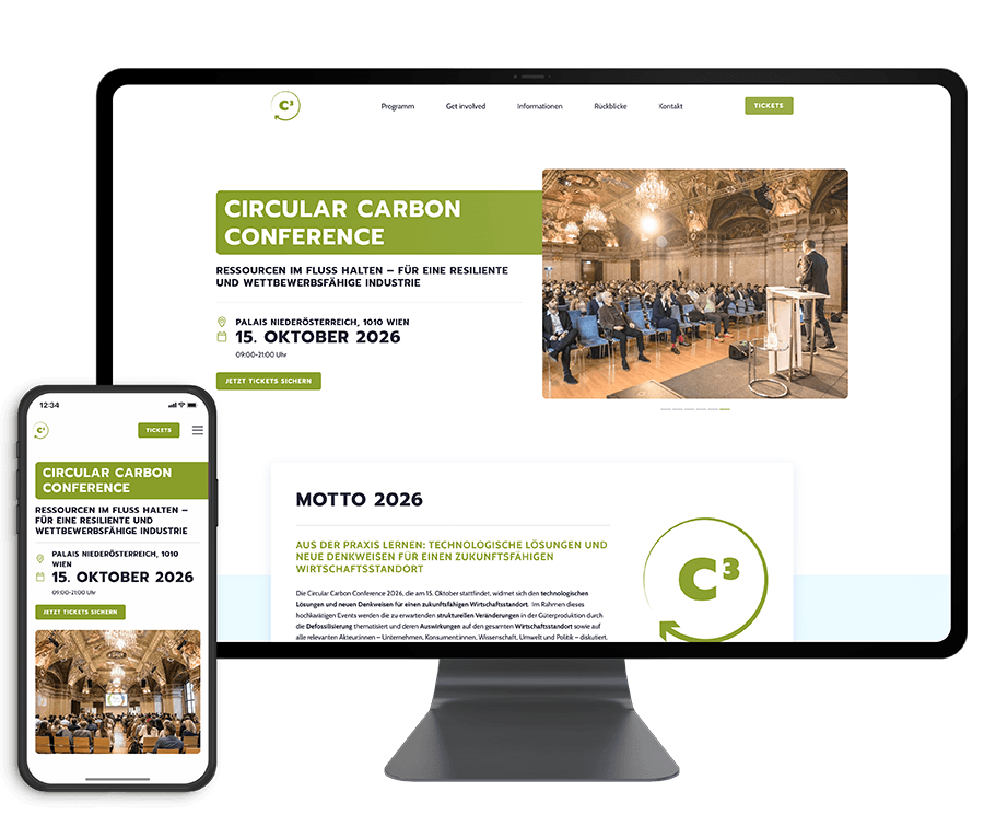 Webseite des Projektes "C3 - Circular Carbon Conference" auf iPhone und Mac.